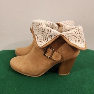 Qupid Tan Ankle Boots with Lace Cuff